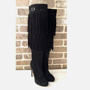 CHARLES DAVID Italy Black Suede Fringed Over Knee Heeled Boots Zipper Size 5.5